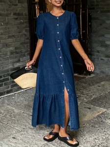 Robe Maxi en Denim Décontractée pour Femmes Col Rond Manches Bouffantes Ourlet à Volants Fente Latérale Robe Longue Jeans