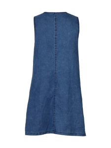 Back view of a classic blue denim sleeveless A-line dress with central vertical seam detail