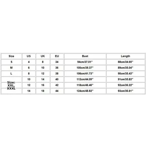 Size chart showing US, UK, EU measurements for the denim button-down pocket dress