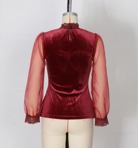 Detail of burgundy velvet top featuring lace neckline and sheer mesh sleeves on a mannequin
