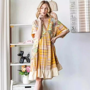Women Bohemian Patchwork V-Neck Dress Vintage Floral Grid Printed Loose Midi Dress With Ruffle Hem Casual Vacation Half Sleeve Top