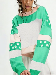 Women Casual Patchwork Daisy Floral Print Sweatshirt Round Neck Long Sleeve Loose Pullover Fashion Hoodie Top