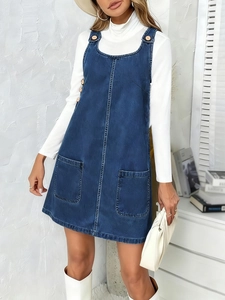 Women Casual Denim Jumper Dress Sleeveless Round Neck A-Line Midi Dress With Wooden Buttons And Pockets Retro Denim Dress
