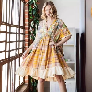 Summer V-neck colorblock patchwork mini dress with loose sleeves and ruffled hem
