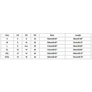Detailed size chart for casual denim dress showing bust and length measurements from S to 3XL