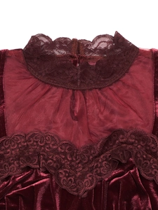 Slim fit burgundy velvet top with elegant lace collar and mesh patchwork details