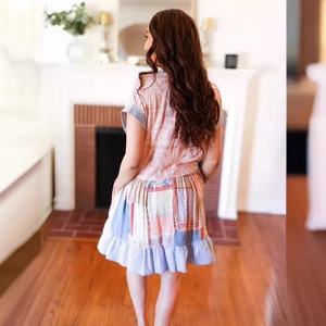 Bohemian patchwork V-neck loose summer dress with pink floral print and striped sleeves