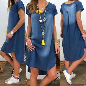 Women's Casual Washed Denim Midi Dress V-Neck Short Sleeve High-Low Hem Solid Color Loose Streetwear Summer Cotton Dress