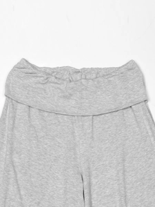 Close-up of high-waist fold-over waistband on grey marl cotton blend casual shorts