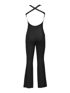 Back view of slim fit black jumpsuit with crisscross neck straps and open back design