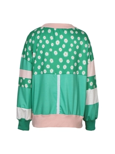 Detail of green floral sweatshirt back with pink striped sleeves and ribbed trims