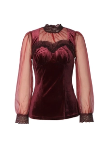 Slim fit velvet blouse in wine red with transparent mesh lace sleeves and high collar neck