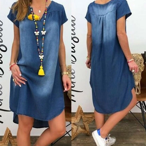 Women's vintage blue denim dress with V-neck, short sleeves and asymmetrical hemline
