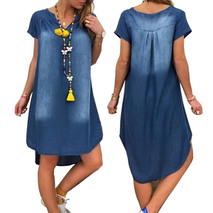 Women's casual blue denim t-shirt dress with V-neck and high-low curved hemline