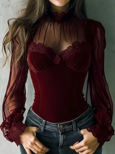 Women Vintage Velvet Blouse Mesh Patchwork Lace Trim Mock Neck Long Sleeve Slim Fit Sexy Party Top Elegant Night Out Shirt