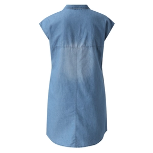 Back view of a blue denim sleeveless dress with cross-stitch seam and washed texture