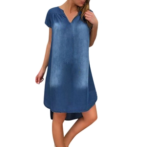 Short sleeve denim blue dress with V-neckline and asymmetrical high-low curved hemline