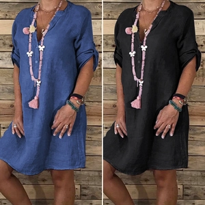 Robe Chemise Casual pour Femmes en Polyester Style Denim Couleur Unie Coupe Ample Manches Courtes Robe Midi d'Été