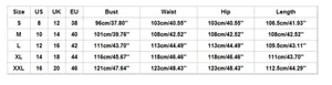 Size guide table for women's loose overalls with measurements in cm and inches