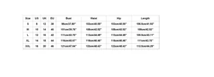 Comprehensive women's jumpsuits size chart showing US, UK, and EU measurements from S to XXL