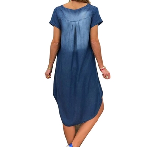 Women's casual light wash blue denim dress with short sleeves and high-low curved hemline