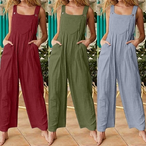 Women's Casual Solid Color Bib Overalls Loose Wide Leg Jumpsuit Sleeveless Adjustable Strap Romper With Pockets Daily Vacation Wear