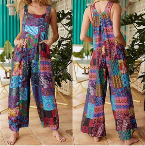 Front and back view of a bohemian floral patchwork wide-leg jumpsuit with side pockets