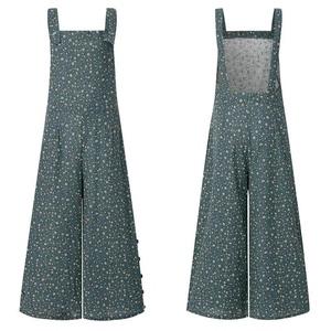 Combinaison fleurie bleu canard à jambes larges vue de face et de dos sur fond blanc