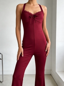 Women Sexy Backless Criss Cross Lace Flare Jumpsuit V Neck Drawstring Slim Fit Sleeveless Bodycon Wide Leg Romper Partywear