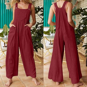 Front and back view of burgundy loose wide-leg overalls with front pockets and buttons