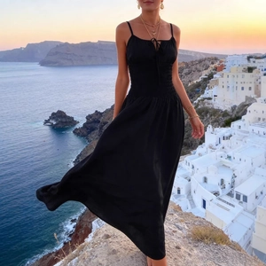 Women Sexy V Neck Spaghetti Strap Maxi Dress Smocking High Waist A-Line Floral Shell Print Sleeveless Long Beach Sun Dress