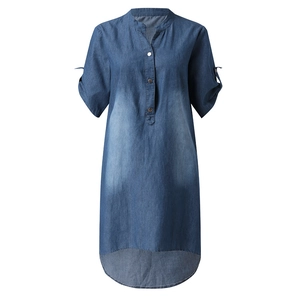 Abito chemisier in denim blu scuro da donna con scollo a V e maniche corte regolabili