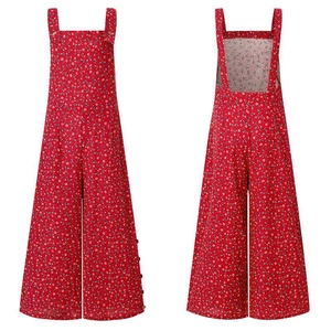 Salopette femme à fleurs rouges avec jambe large, boutons latéraux et bretelles réglables