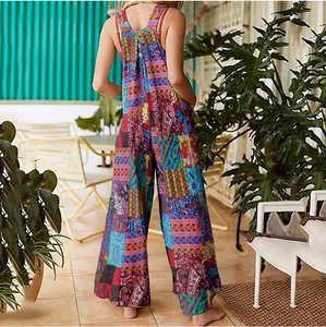 Back view of bohemian print wide-leg overalls with side pockets and ethnic patterns