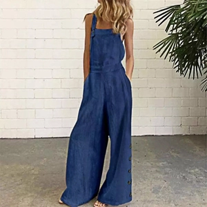 Ärmelloser Damen-Jumpsuit in Dunkelblau mit weitem Bein und dekorativen Knöpfen an der Seite