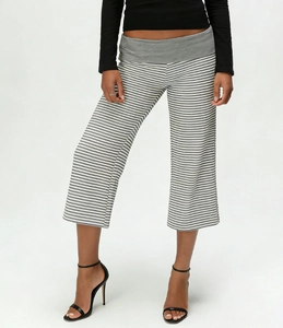 Detail of grey striped wide leg cropped pants with elastic waist for summer vacation style