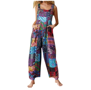 Close-up of loose-fit printed jumpsuits for women featuring side pockets and floral patterns
