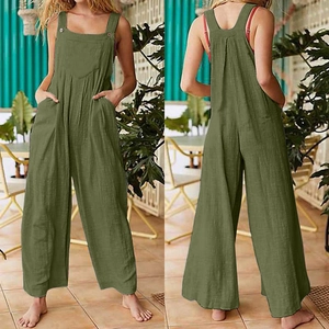 Detail view of army green cotton linen wide leg overalls with functional side pockets