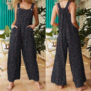 Women's Bohemian Floral Patchwork Jumpsuit Casual Loose Wide Leg Overall With Pockets Summer Sleeveless Straps Overalls