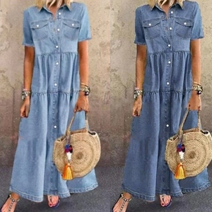 Abito Maxi in Denim Casual da Donna Manica Corta Camicia con Bottoni Gonna a Balze con Tasche Abito Lungo in Denim Vintage