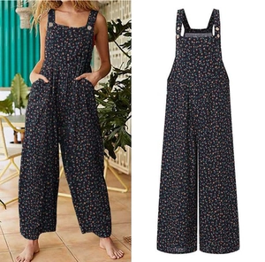 Detail of loose fit floral overalls with wide straps, buttons and practical side pockets