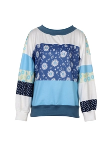 Women's patchwork floral sweatshirt featuring blue stripes and daisy print casual style