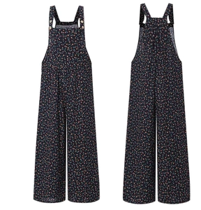 Detail view showing front and back of floral wide-leg overalls with side pockets