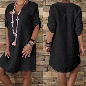 Robe chemise en coton lin noir pour femme, col en V, coupe ample, vue de face et de dos