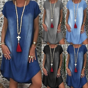 Detailed comparison of short sleeve denim dresses in dark blue, grey, light blue and black