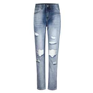 Close-up of light blue washed denim jeans featuring distressed ripped knees and raw details