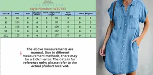 Size chart for women's loose button-down shirt dress showing S-2XL dimensions
