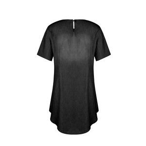 Detail of black cotton linen dress back with keyhole opening and button closure