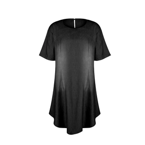 Detail of short sleeve black denim dress with round neck and back cutout detail