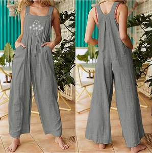 Relaxed fit dark grey linen overalls for women featuring dandelion and butterfly print